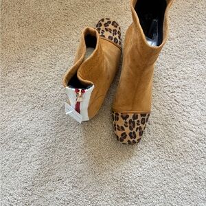 Tan Suede Ankle Booties with Leopard Cap Toe
